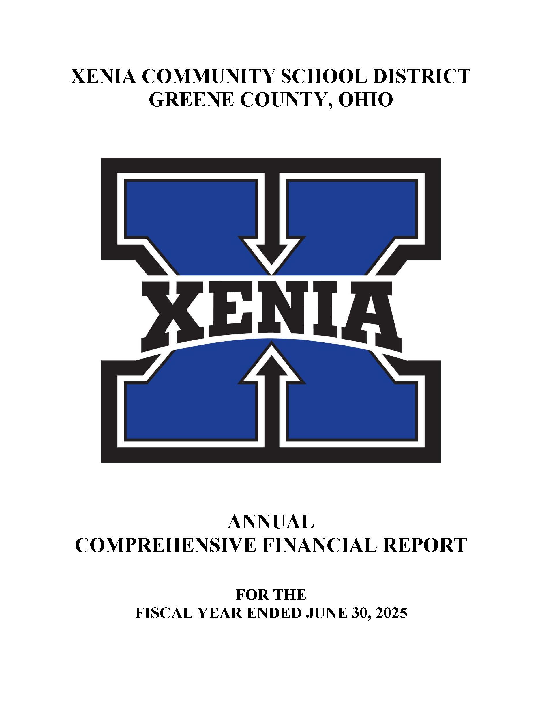 Cover of the FY25 Annual Comprehensive Financial Report with the Blue 'X' logo and 'XENIA' in black.